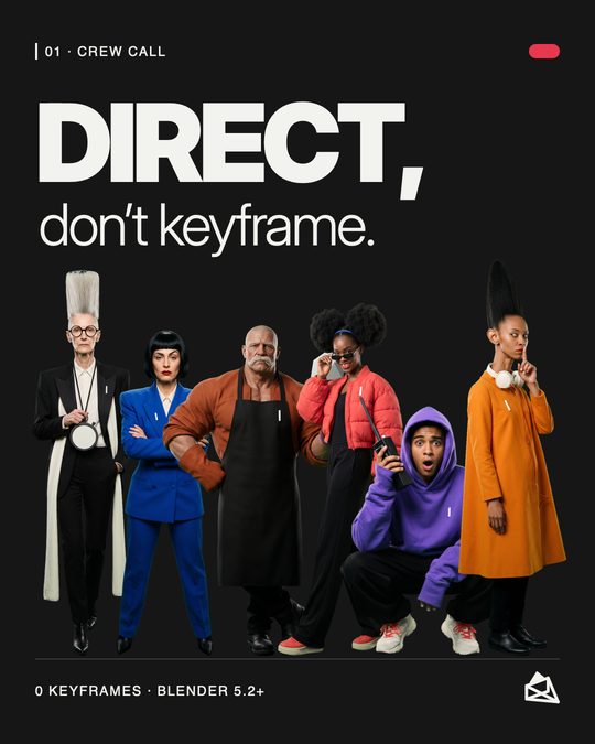 Post: Direct, don't keyframe. The Crew, six characters, line up under the title.